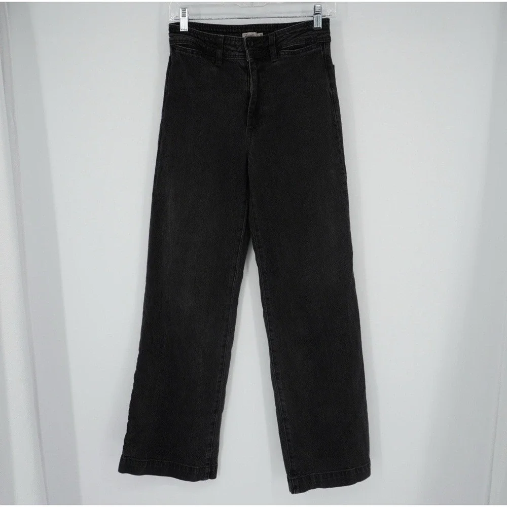 Faherty Wide Leg Pants Womens 27 Black Denim High‎ Rise Flared Leg Stretch